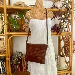 Vintage Soft Brown Leather Woven Crossbody Bag